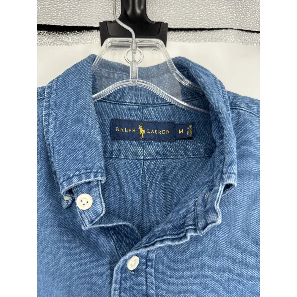 Polo Ralph Lauren Shirt Mens Medium Jean Denim Short Sleeve Button Down Pony